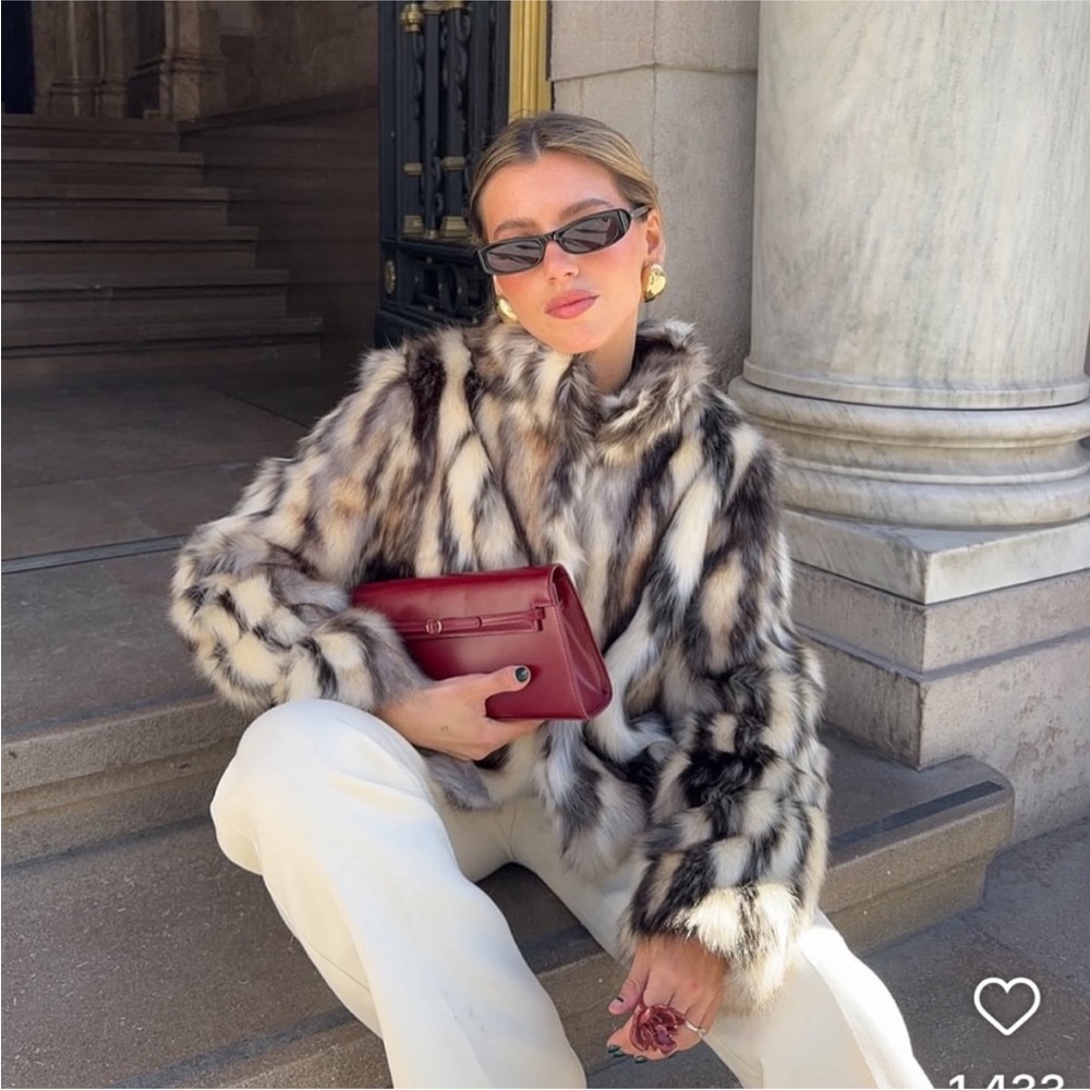 Zara Faux Fur Coat in White, Black and Brown